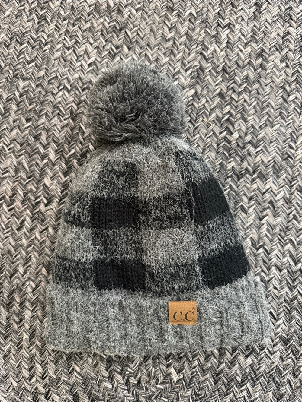 C.C Black & Gray Plaid Pom Beanie